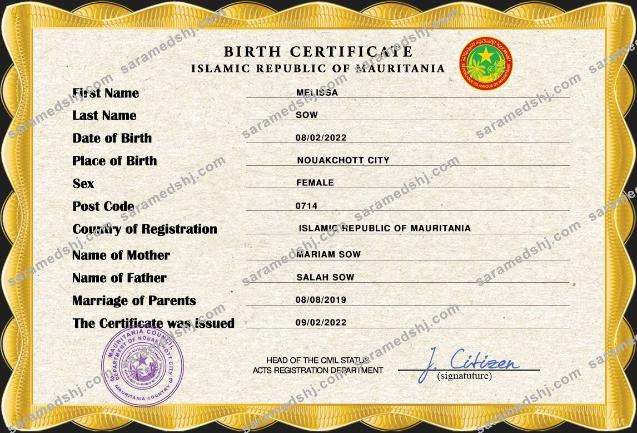 Mauritania birth certificate PSD template